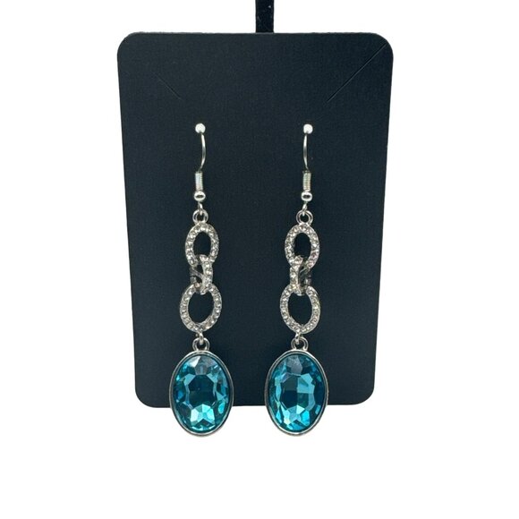 Blue Topaz and Rhinestone Silver Tone Dangle Drop Earrings 2.5 inch - Picture 1 of 5